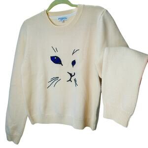Opening Ceremony Butter Cream Crew Neck Cat Motif Sweater L